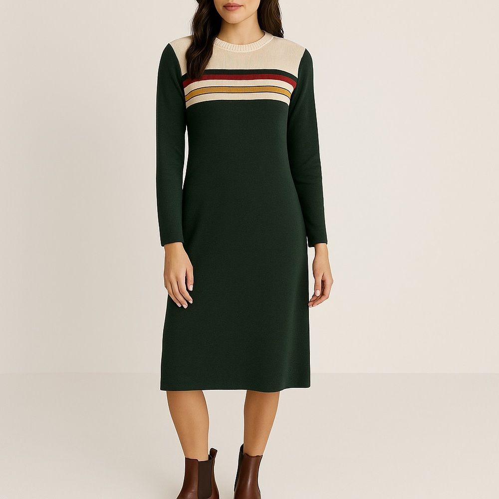 ROOLEE Green Knit Sweater Dress Size Medium Long Sleeve Rugby Stripe Fall Casual